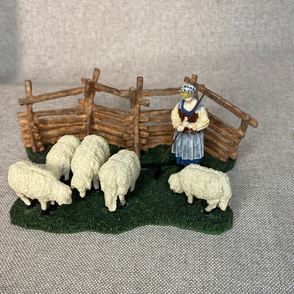 Shepherd Figurine with Sheep and Fence. New.
